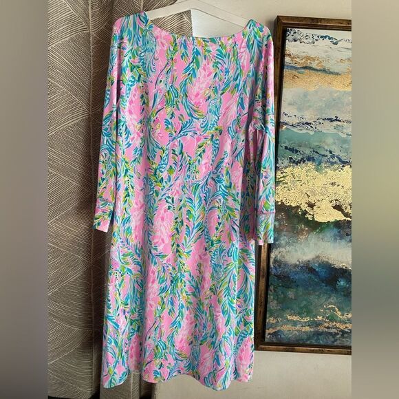 Lilly Pulitzer Multicolor Dress Sz L Gold Button Shoulder & Cuff Accents Stretch - Picture 3 of 10